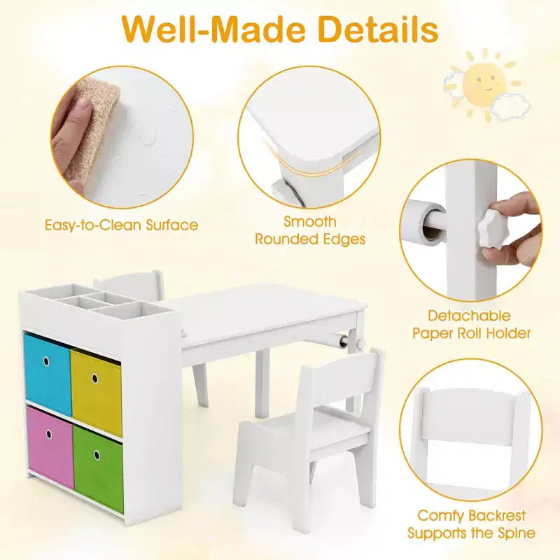 Costway Kids Art Table & Chairs Set with Paper Roll Wooden Craft Study Desk Active Play Gray/Natural