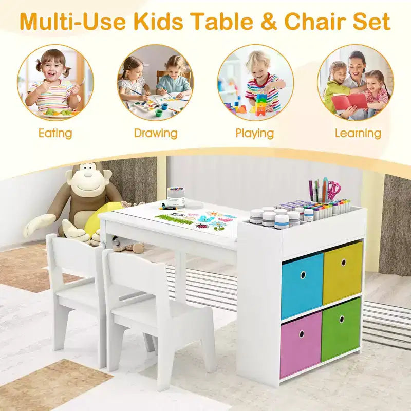 Costway Kids Art Table & Chairs Set with Paper Roll Wooden Craft Study Desk Active Play Gray/Natural