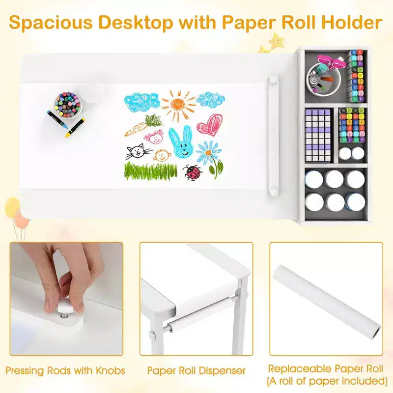 Costway Kids Art Table & Chairs Set with Paper Roll Wooden Craft Study Desk Active Play Gray/Natural