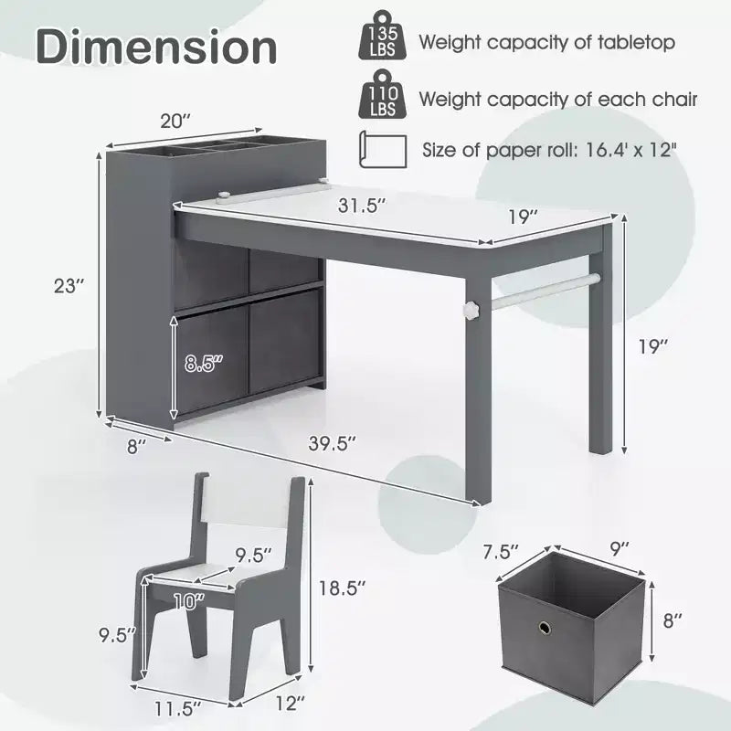 Costway Kids Art Table & Chairs Set with Paper Roll Wooden Craft Study Desk Active Play Gray/Natural