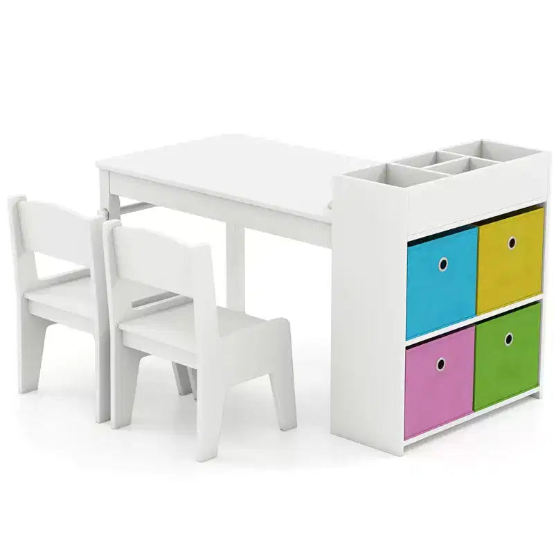 Costway Kids Art Table & Chairs Set with Paper Roll Wooden Craft Study Desk Active Play Gray/Natural