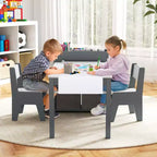 Costway Kids Art Table & Chairs Set with Paper Roll Wooden Craft Study Desk Active Play Gray/Natural