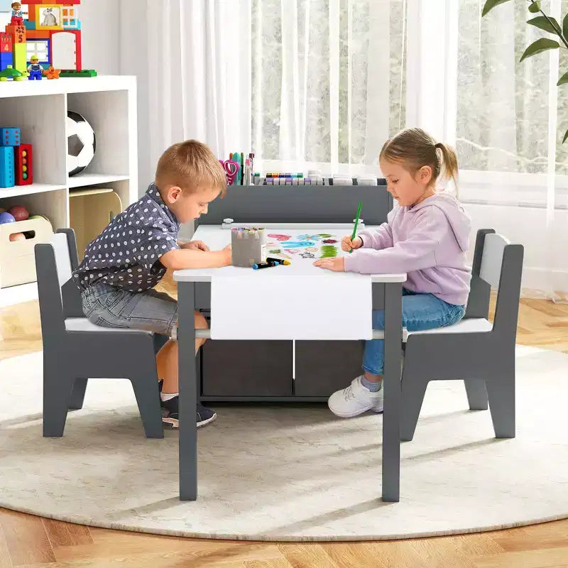 Costway Kids Art Table & Chairs Set with Paper Roll Wooden Craft Study Desk Active Play Gray/Natural