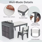 Costway Kids Art Table & Chairs Set with Paper Roll Wooden Craft Study Desk Active Play Gray/Natural