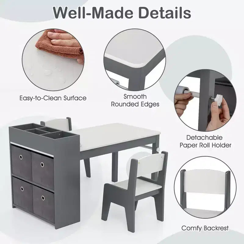 Costway Kids Art Table & Chairs Set with Paper Roll Wooden Craft Study Desk Active Play Gray/Natural