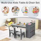 Costway Kids Art Table & Chairs Set with Paper Roll Wooden Craft Study Desk Active Play Gray/Natural