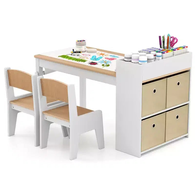 Costway Kids Art Table & Chairs Set with Paper Roll Wooden Craft Study Desk Active Play Gray/Natural