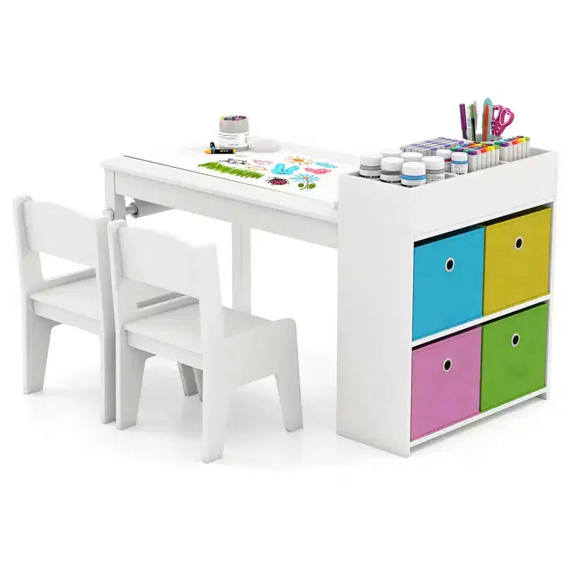 Costway Kids Art Table & Chairs Set with Paper Roll Wooden Craft Study Desk Active Play Gray/Natural