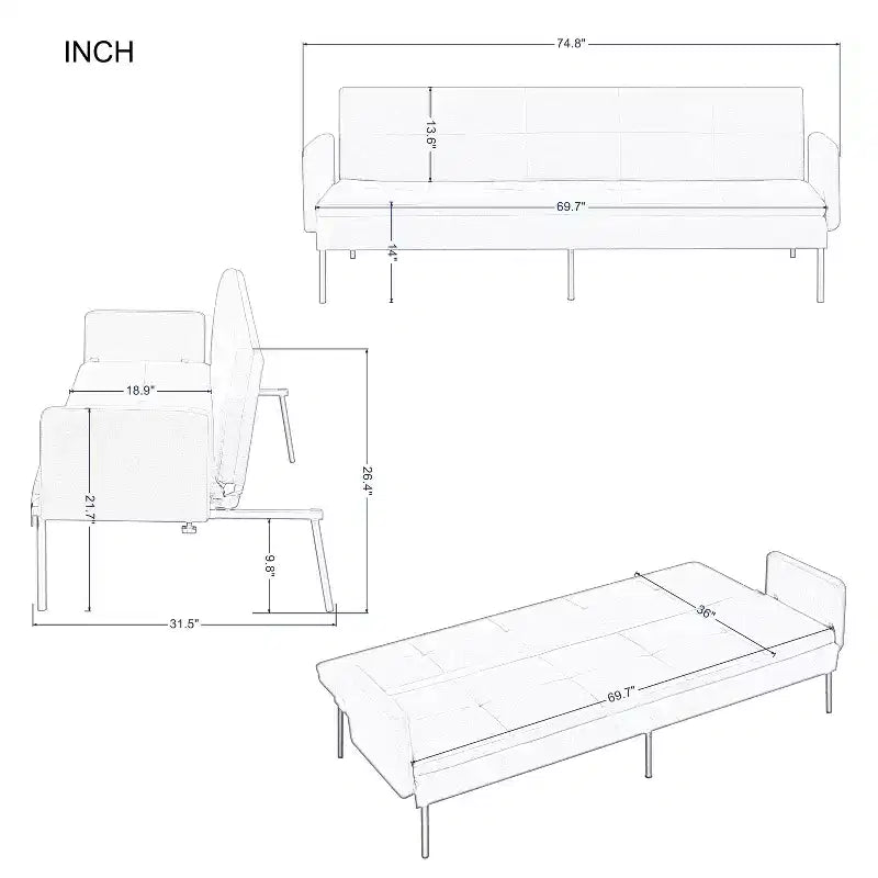 MAYEERTY 74.8 Convertible Futon Sofa Bed with 5-Position Adjustable Backrest