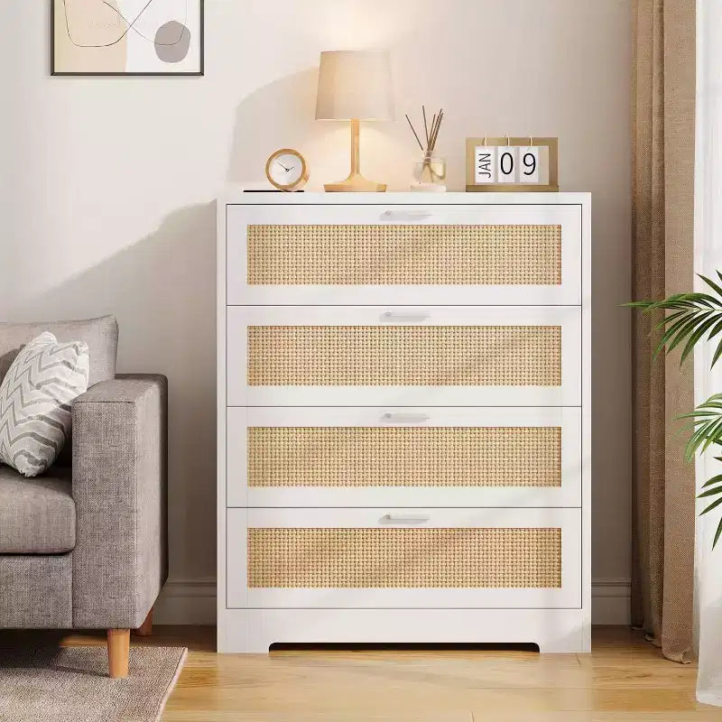 Zstar Modern Tall Rattan 4 Drawer Dresser or Living Room, Hallway, Entryway, Bedroom