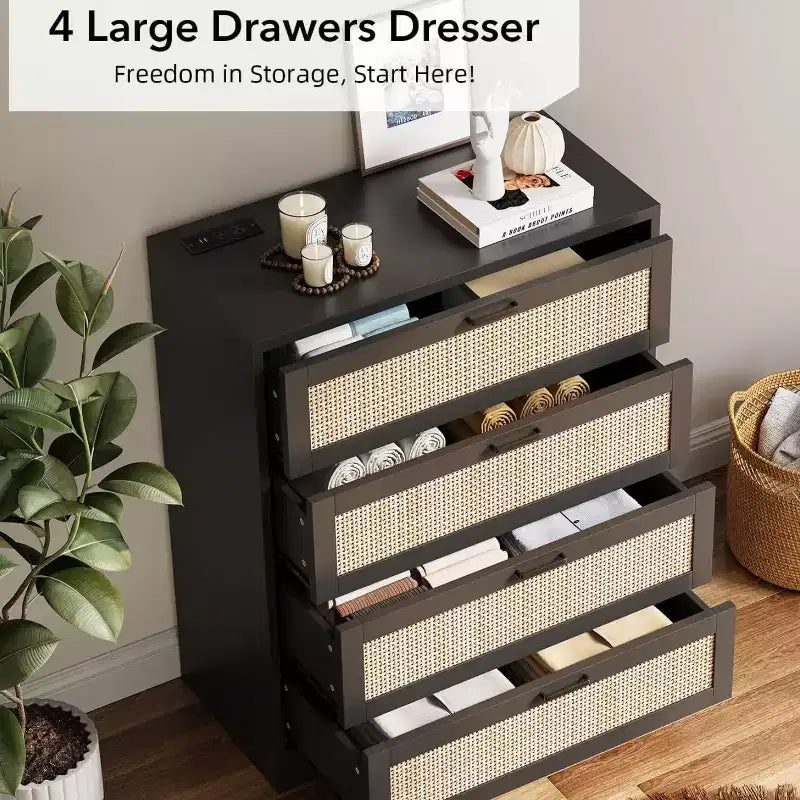 Zstar Modern Tall Rattan 4 Drawer Dresser or Living Room, Hallway, Entryway, Bedroom