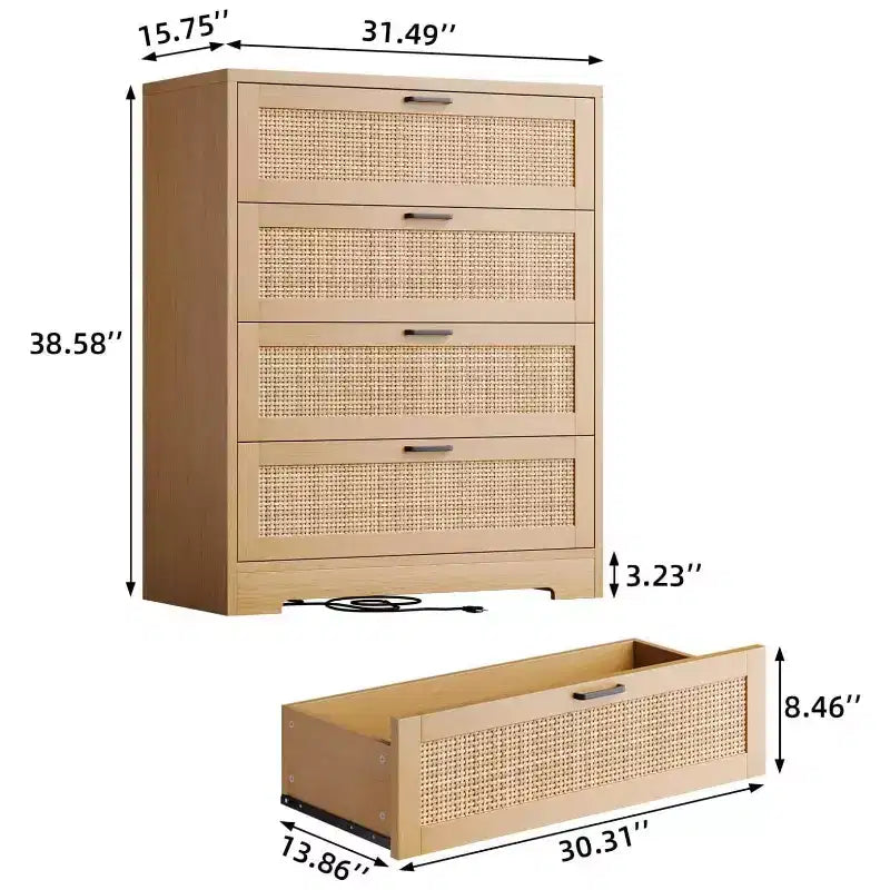 Zstar Modern Tall Rattan 4 Drawer Dresser or Living Room, Hallway, Entryway, Bedroom