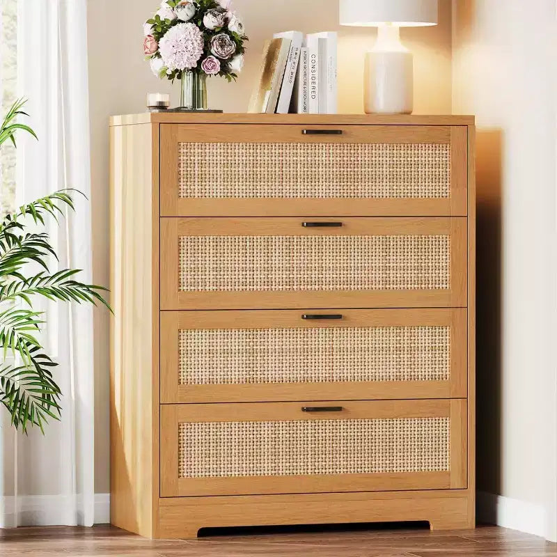 Zstar Modern Tall Rattan 4 Drawer Dresser or Living Room, Hallway, Entryway, Bedroom