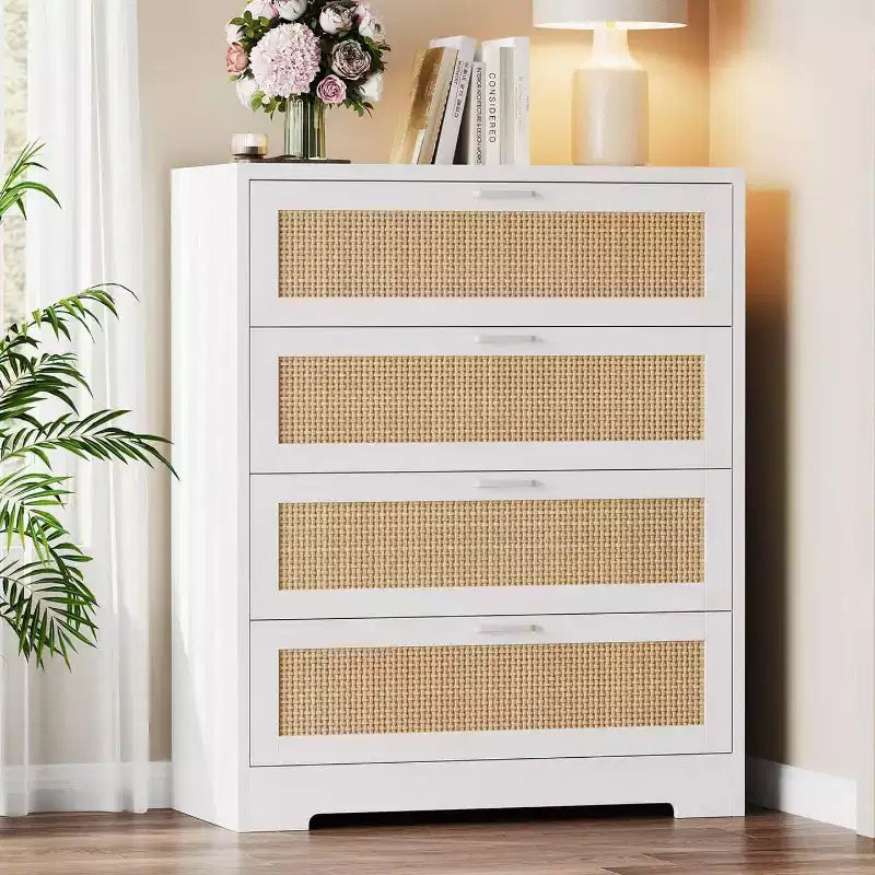 Zstar Modern Tall Rattan 4 Drawer Dresser or Living Room, Hallway, Entryway, Bedroom