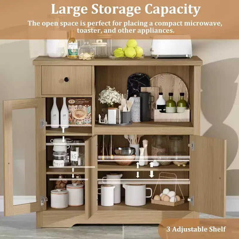 Kitchen Microwave Cabinets with Storage, Buffet Cabinet Sideboard with 3 Doors,1 Drawer and Adjustable Shelves, Pantry Storage Cabinet ,Natural ?