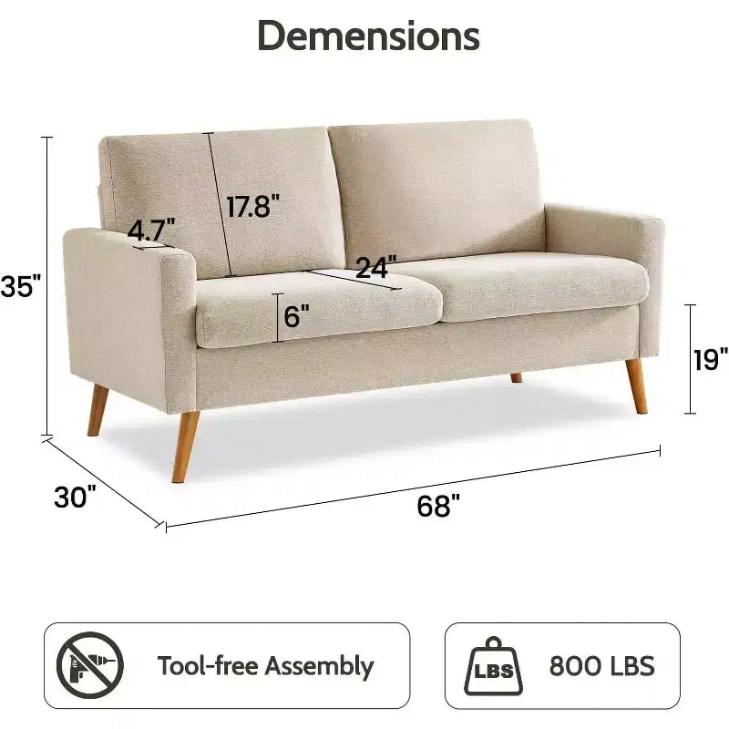 Dyonery 68 Sofa Fabric Couch Comfy Loveseat with Spring Cushion Solid Wood , Modern Deep Seat