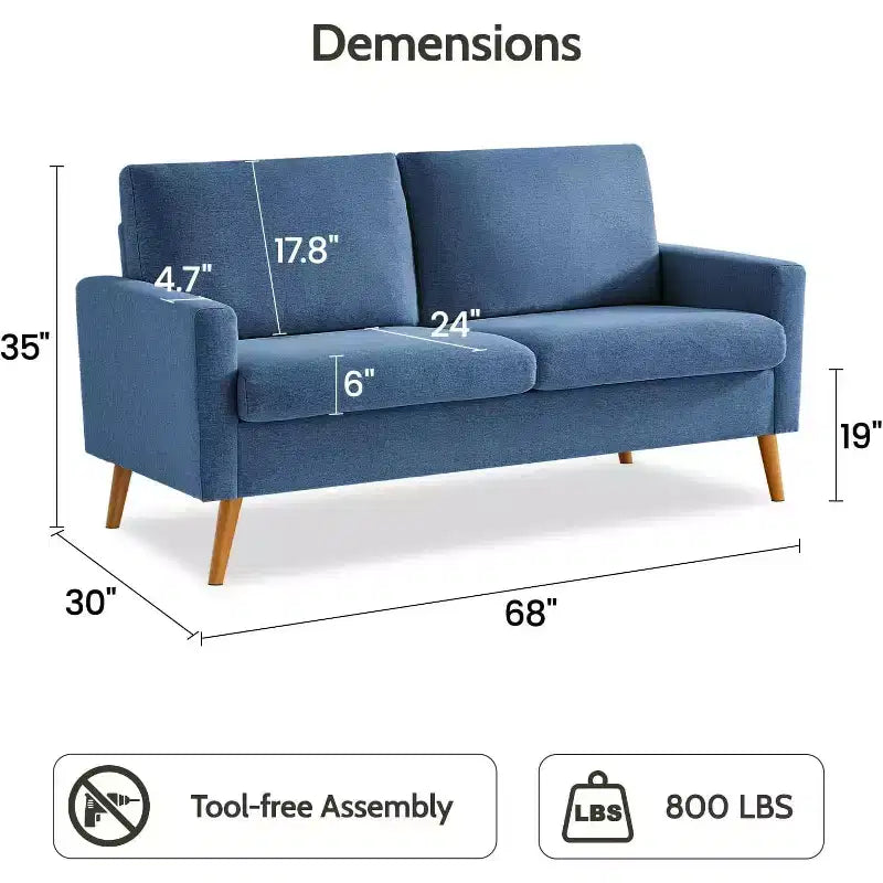 Dyonery 68 Sofa Fabric Couch Comfy Loveseat with Spring Cushion Solid Wood , Modern Deep Seat