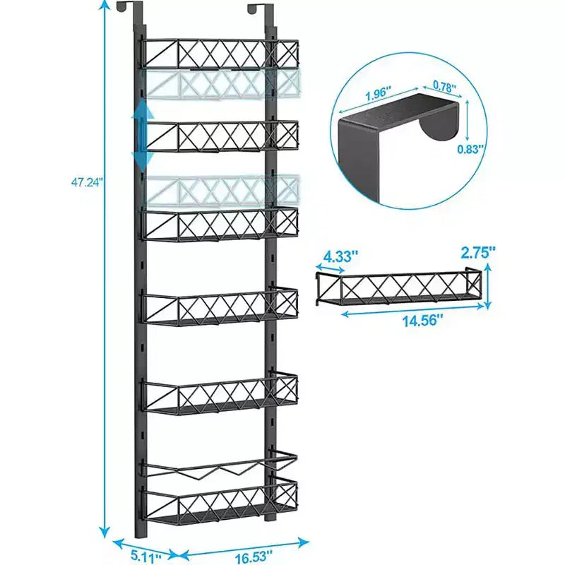 Zstar 6-Tier Pantry Door Organizer, Over The Door Pantry Organizer Rack and Storage, Hanging Spice Rack for Cabinet(Black)