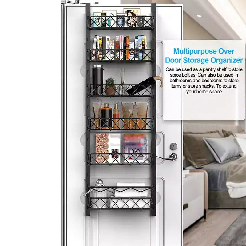 Zstar 6-Tier Pantry Door Organizer, Over The Door Pantry Organizer Rack and Storage, Hanging Spice Rack for Cabinet(Black)