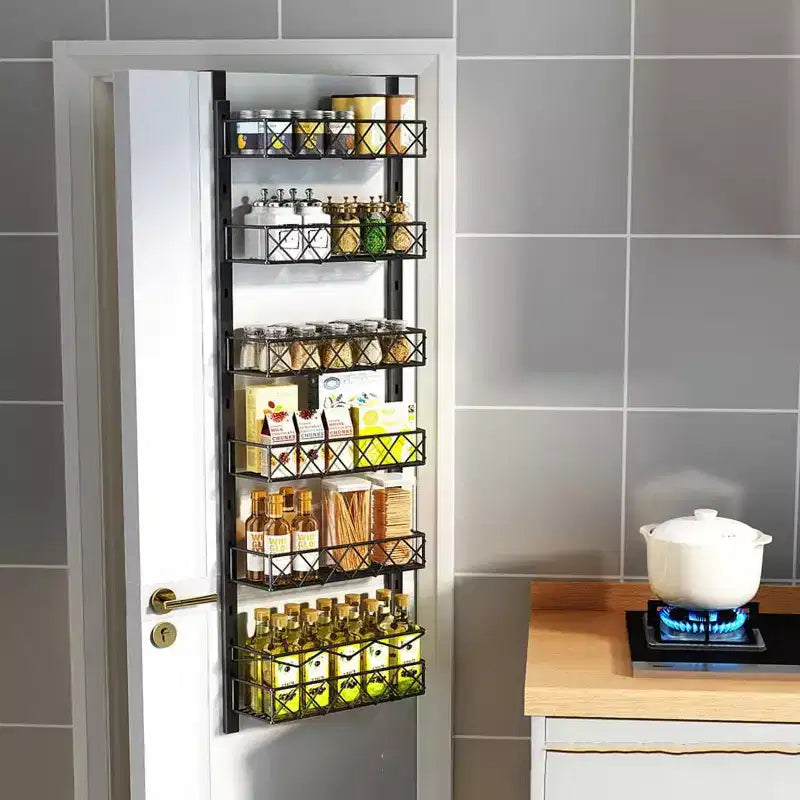Zstar 6-Tier Pantry Door Organizer, Over The Door Pantry Organizer Rack and Storage, Hanging Spice Rack for Cabinet(Black)