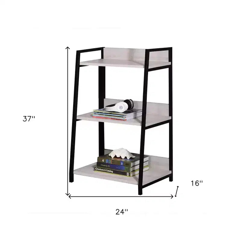 HomeRoots 37 Natural and Black Metal Three Tier Ladder Bookcase