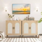 Sideboard Buffet Kitchen Storage Cabinet with Rattan, Solid Wood Feet for Living Room, Hallway