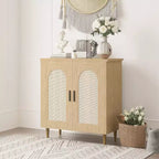 Sideboard Buffet Kitchen Storage Cabinet with Rattan, Solid Wood Feet for Living Room, Hallway