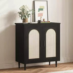 Sideboard Buffet Kitchen Storage Cabinet with Rattan, Solid Wood Feet for Living Room, Hallway