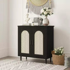 Sideboard Buffet Kitchen Storage Cabinet with Rattan, Solid Wood Feet for Living Room, Hallway