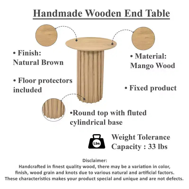 Royal Hampton Side End Table with 20 Inch Round Top and Fluted Base, Mango Wood Construction