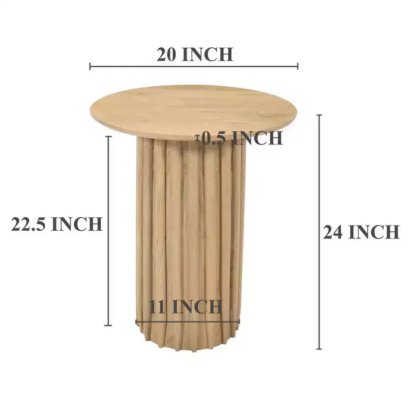 Royal Hampton Side End Table with 20 Inch Round Top and Fluted Base, Mango Wood Construction