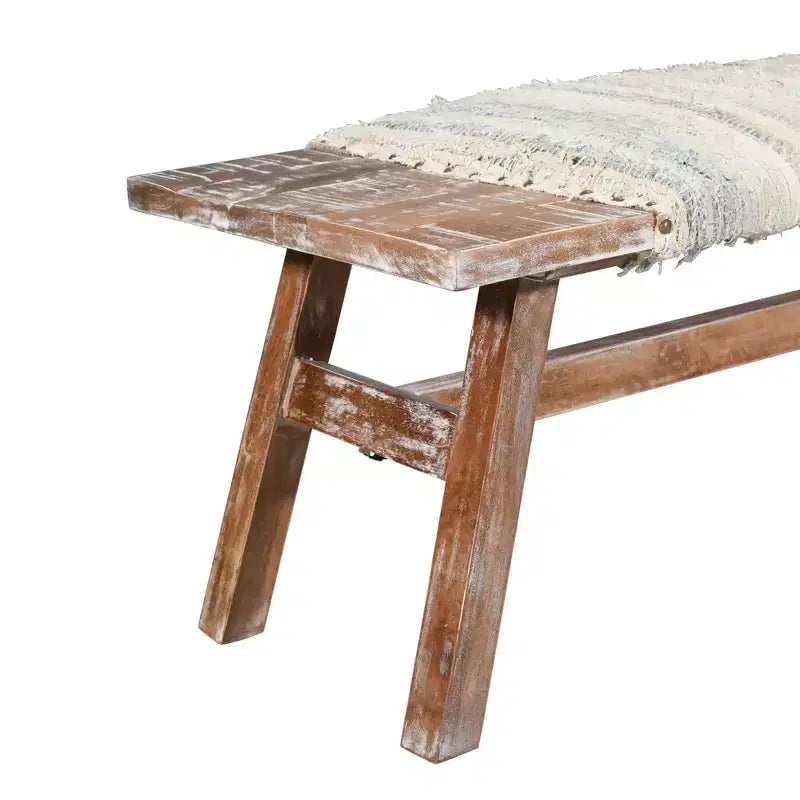 HomeRoots 50 White and Brown Cotton Upholstered Striped Bench