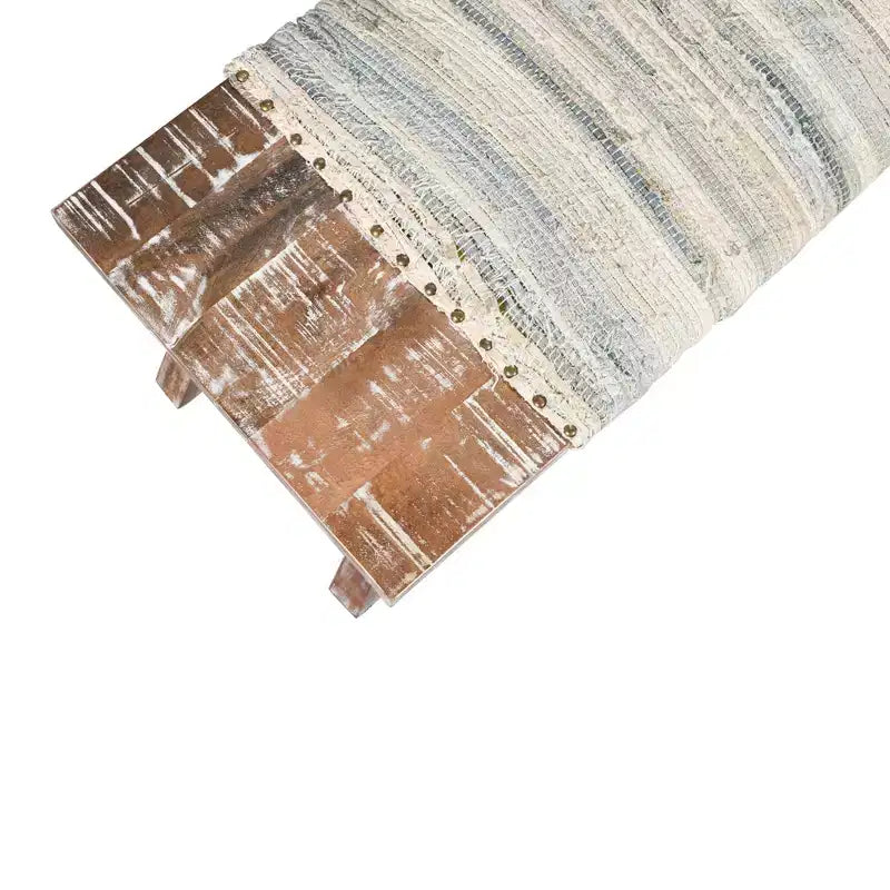 HomeRoots 50 White and Brown Cotton Upholstered Striped Bench