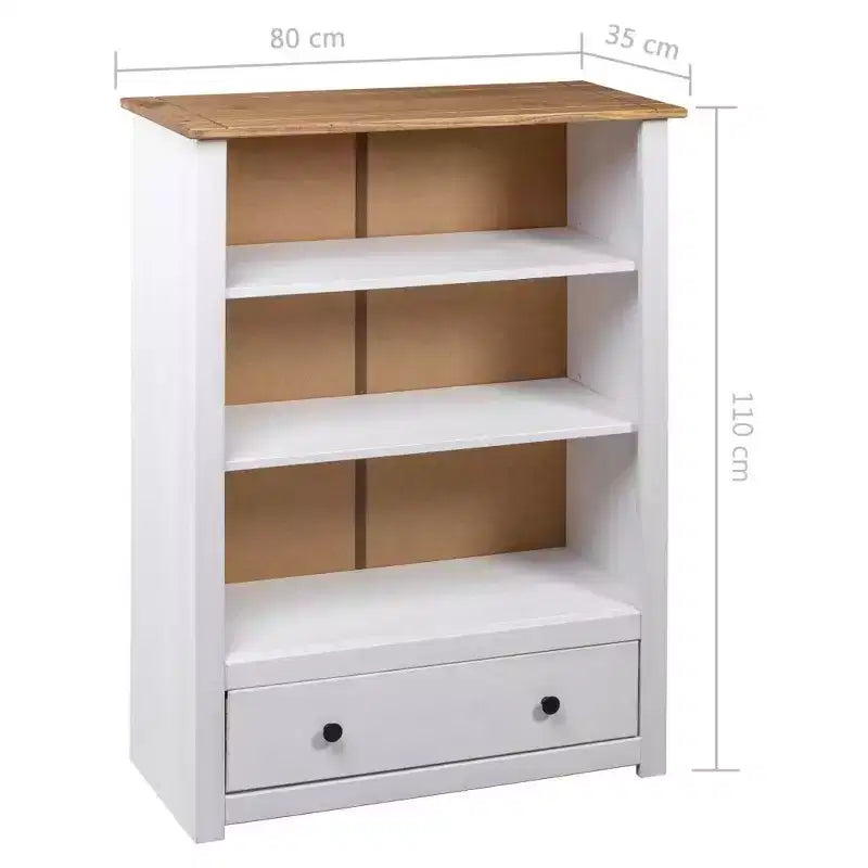 vidaXL Solid Pine Wood Bookcase with 3 Shelves and Spacious Drawer - Farmhouse Style, Rustic White Panama Range
