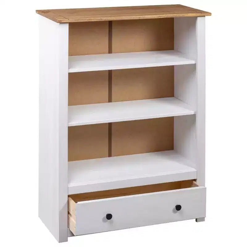 vidaXL Solid Pine Wood Bookcase with 3 Shelves and Spacious Drawer - Farmhouse Style, Rustic White Panama Range