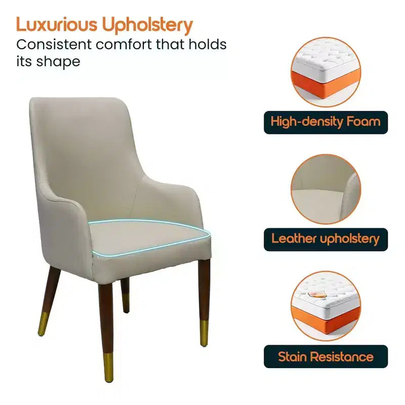 LeisureMod Viva Dining Armchair in Leather Upholstery with Gold Accent Wood Legs for Modern Kitchen and Home, Set of 2