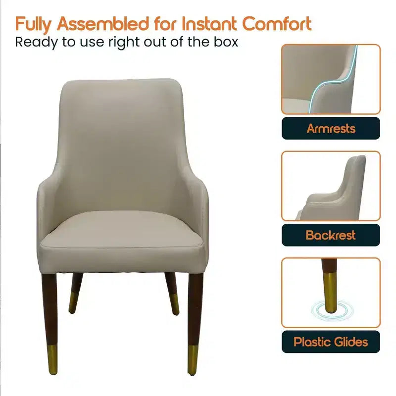 LeisureMod Viva Dining Armchair in Leather Upholstery with Gold Accent Wood Legs for Modern Kitchen and Home, Set of 2