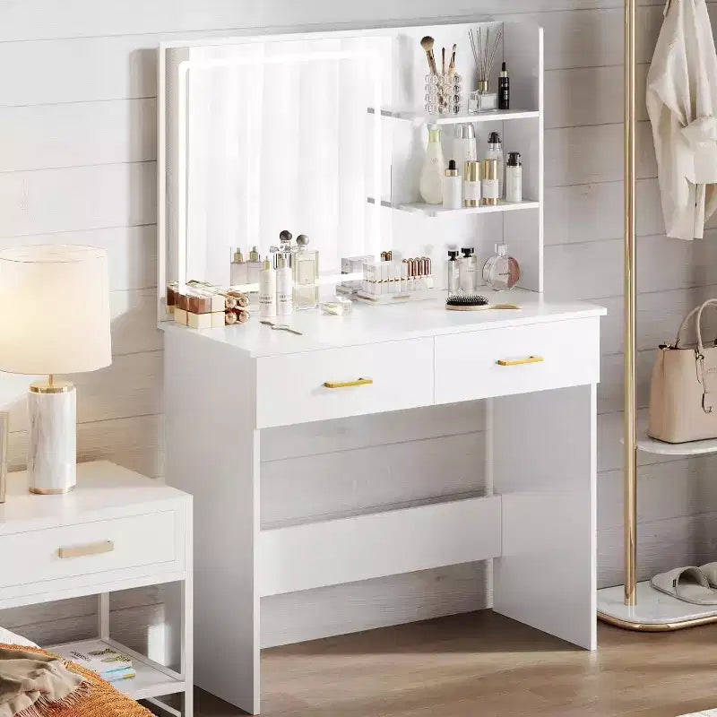 WAYES Vanity Desk with LED Mirror, 3-Foot White Makeup Table for Bedroom, Storage Drawers, and Shelves, White Finish