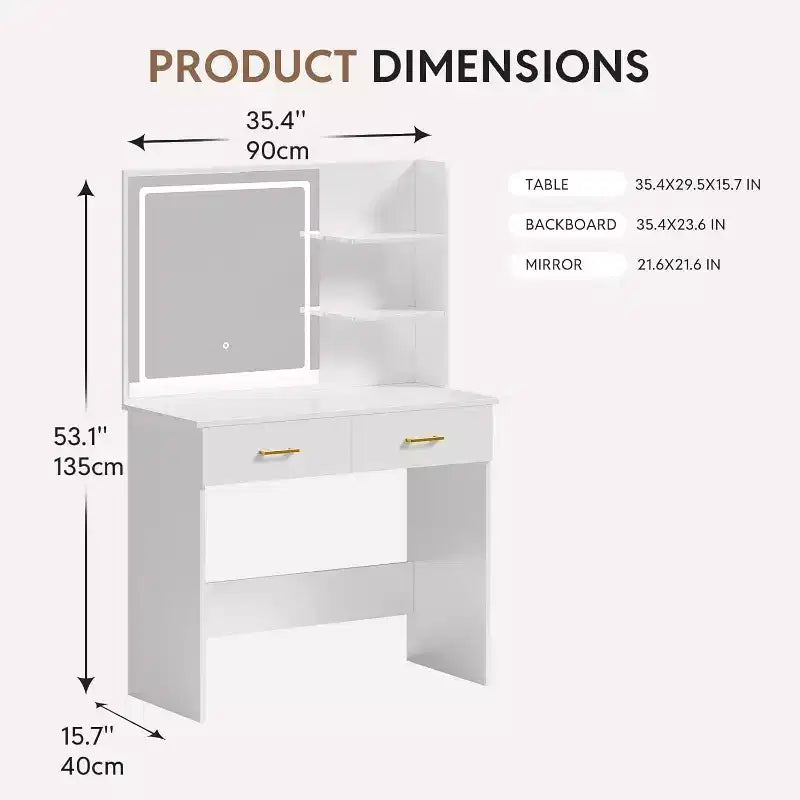 WAYES Vanity Desk with LED Mirror, 3-Foot White Makeup Table for Bedroom, Storage Drawers, and Shelves, White Finish