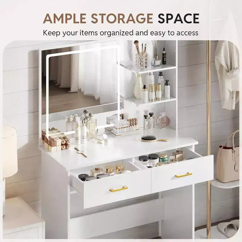 WAYES Vanity Desk with LED Mirror, 3-Foot White Makeup Table for Bedroom, Storage Drawers, and Shelves, White Finish