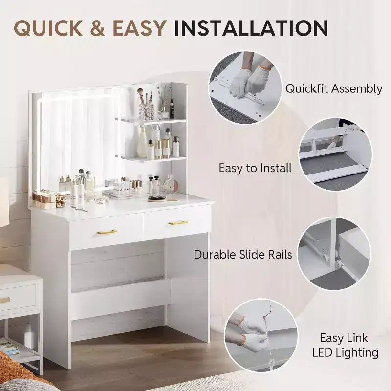 WAYES Vanity Desk with LED Mirror, 3-Foot White Makeup Table for Bedroom, Storage Drawers, and Shelves, White Finish