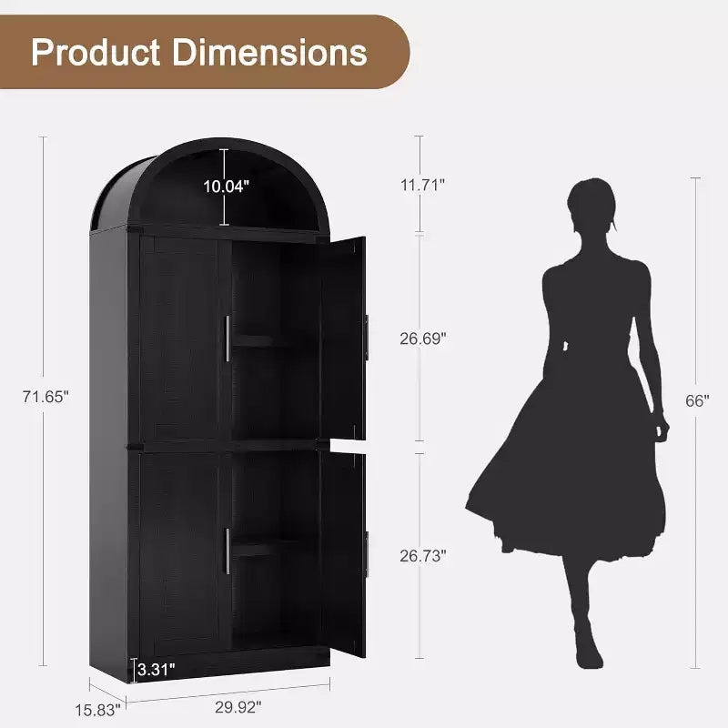 72 Arched Bookshelf with 4 Doors - Modern Farmhouse Bookcase with Open Shelf for Living Room & Bedroom (Black)