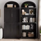 72 Arched Bookshelf with 4 Doors - Modern Farmhouse Bookcase with Open Shelf for Living Room & Bedroom (Black)