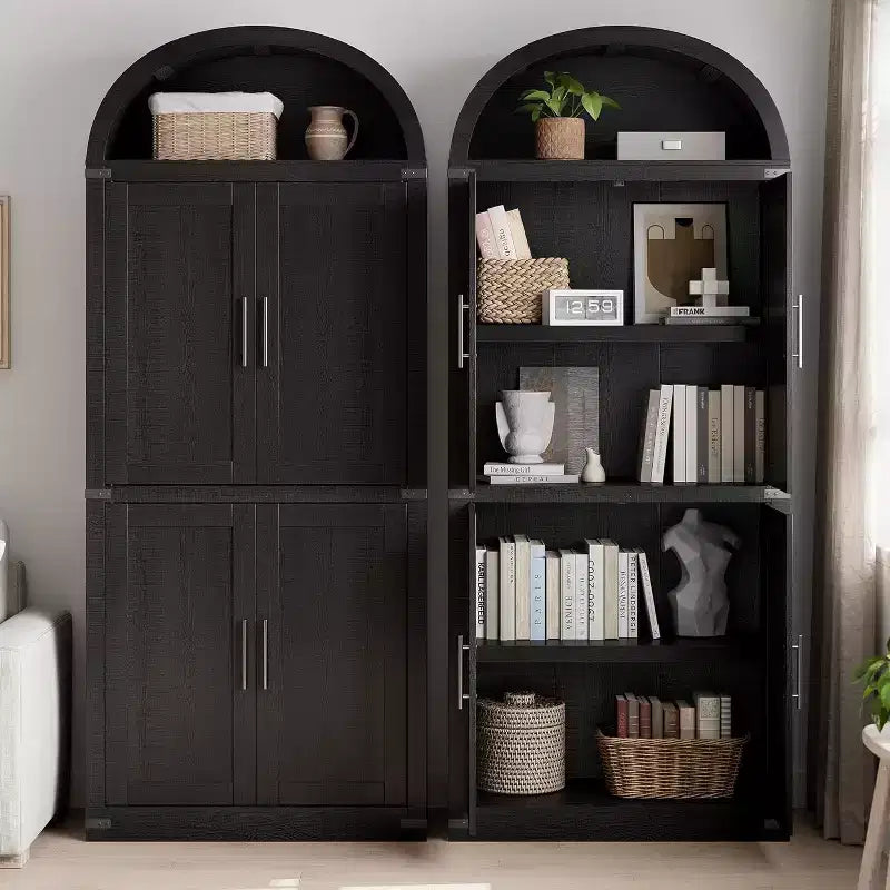 72 Arched Bookshelf with 4 Doors - Modern Farmhouse Bookcase with Open Shelf for Living Room & Bedroom (Black)