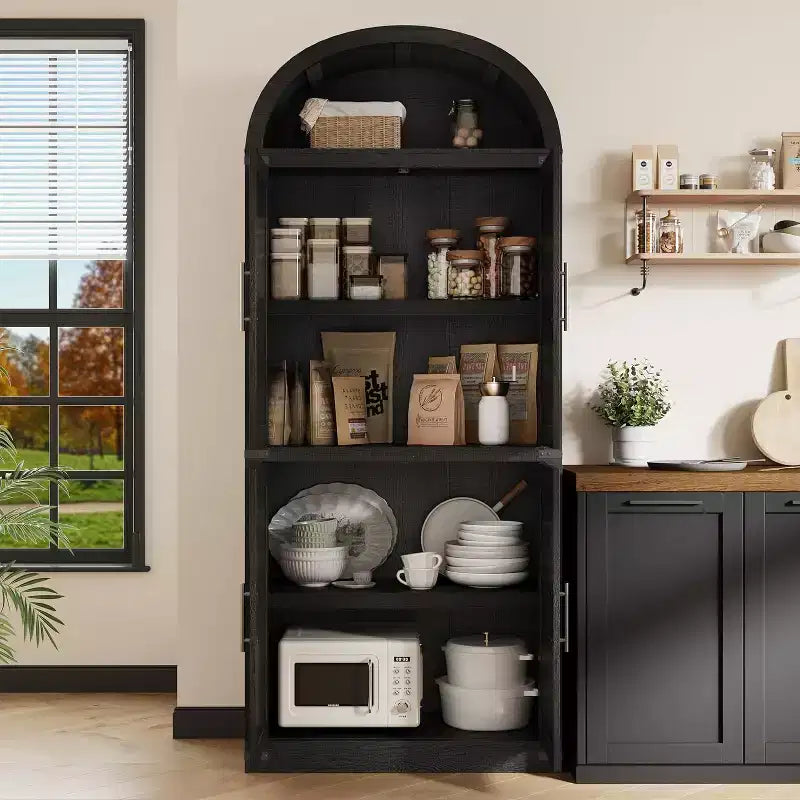 72 Arched Bookshelf with 4 Doors - Modern Farmhouse Bookcase with Open Shelf for Living Room & Bedroom (Black)