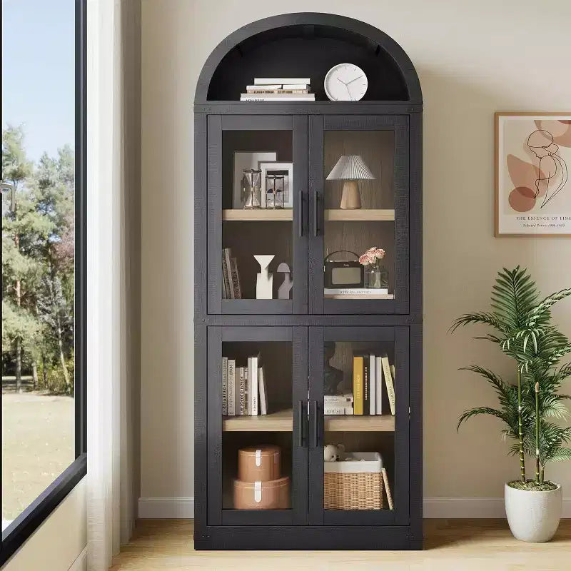 72 Arched Bookshelf with 4 Doors - Modern Farmhouse Bookcase with Open Shelf for Living Room & Bedroom (Black)