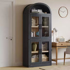 72 Arched Bookshelf with 4 Doors - Modern Farmhouse Bookcase with Open Shelf for Living Room & Bedroom (Black)