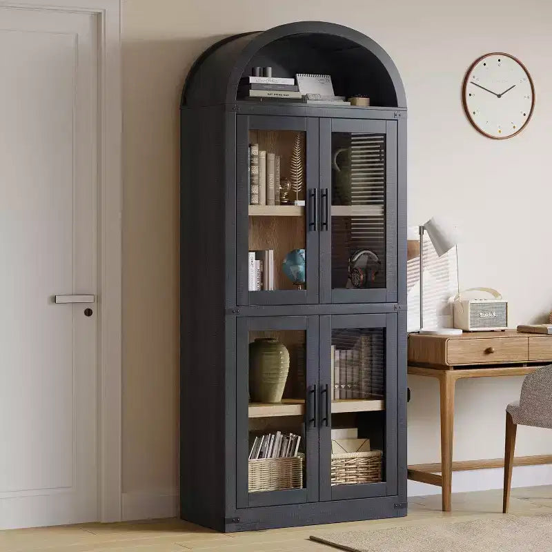 72 Arched Bookshelf with 4 Doors - Modern Farmhouse Bookcase with Open Shelf for Living Room & Bedroom (Black)