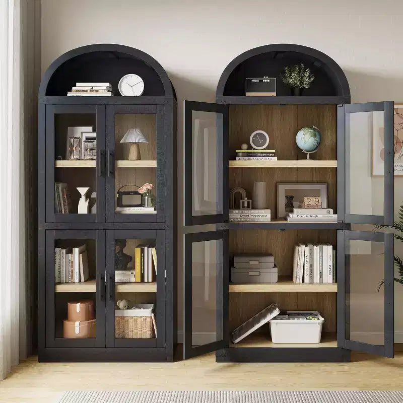 72 Arched Bookshelf with 4 Doors - Modern Farmhouse Bookcase with Open Shelf for Living Room & Bedroom (Black)