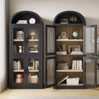 72 Arched Bookshelf with 4 Doors - Modern Farmhouse Bookcase with Open Shelf for Living Room & Bedroom (Black)